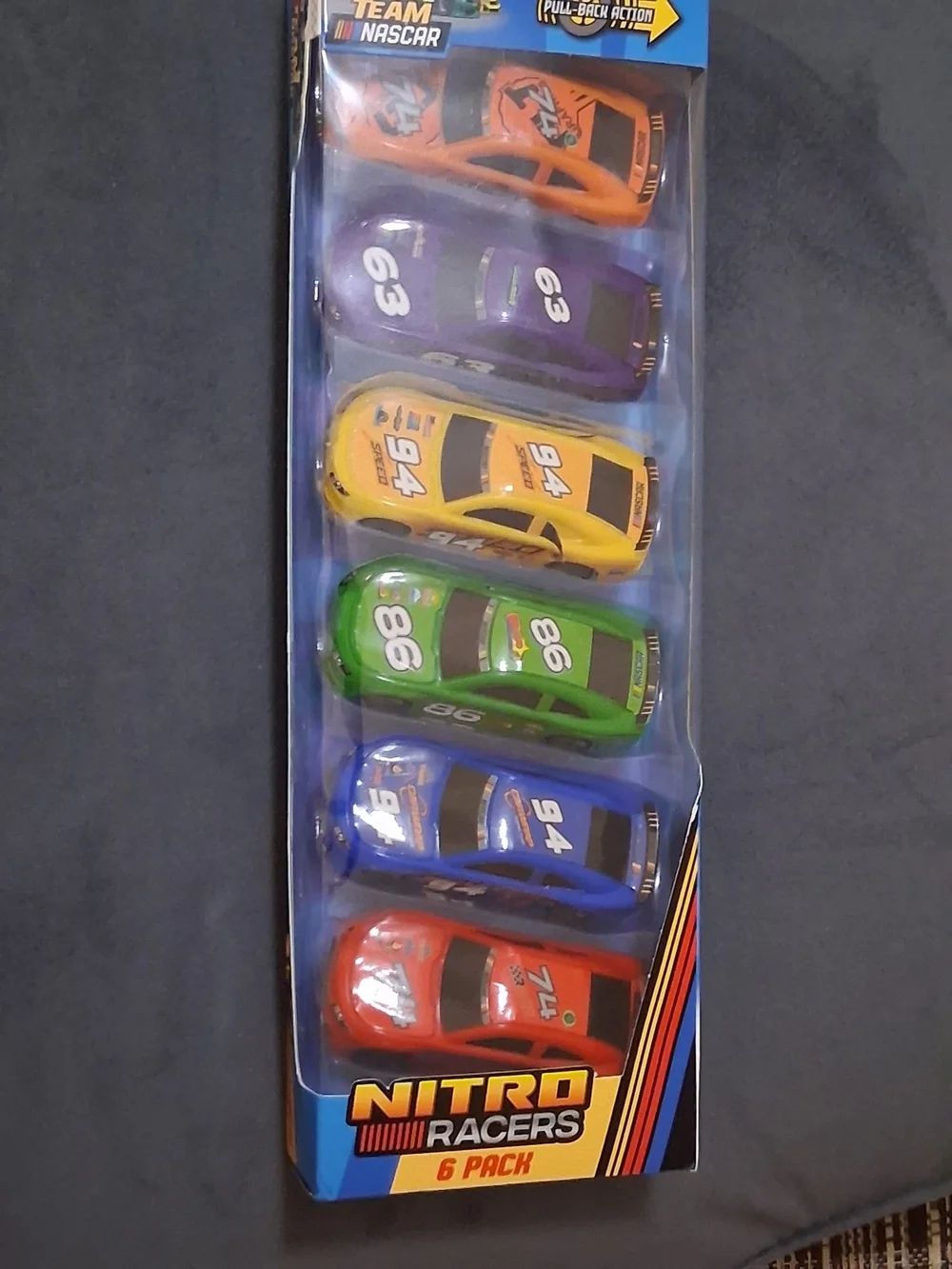 Nascar Nitro Racers 6-Pack Toy Cars - Red, Blue, Green, Yellow, Purple, Orange